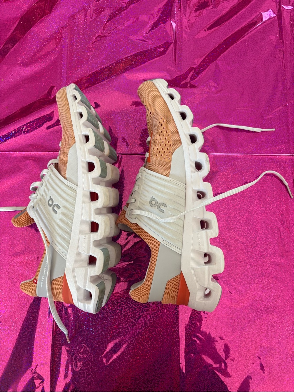 On Running Cloud Women's Athletic Shoes in Peach and White